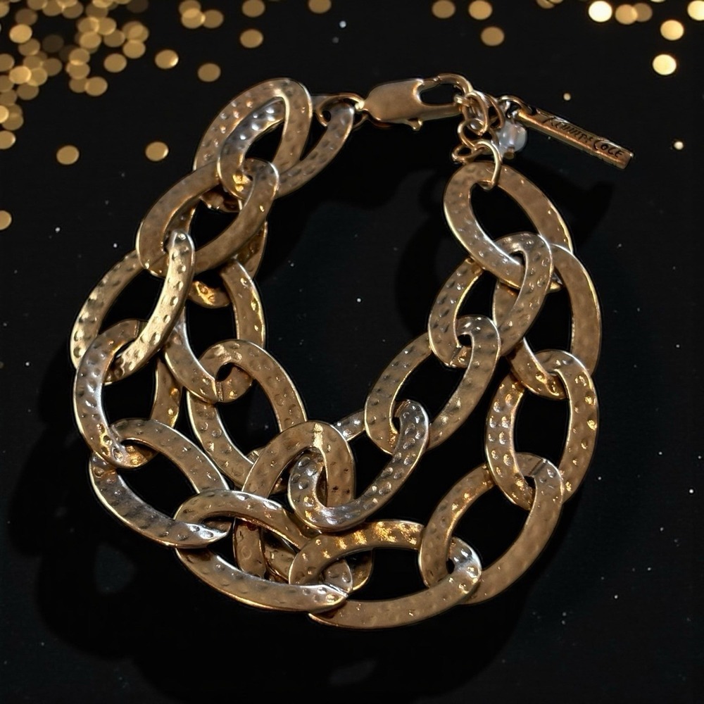 Kenneth Cole Chunky Bracelet Gold Tone Chain Link Hammered Metal Double Strand